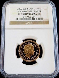 最高鑑定 2002年 英国 スリーライオン 1ポンドプルーフ金貨 NGC PF69UC