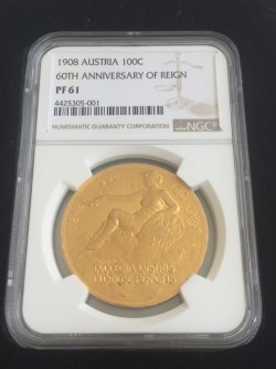 1908年 オーストリア 100コロナプルーフ金貨 雲上の女神 NGC PR61