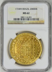 激レア 1724-M ブラジル 20000レイス大型金貨 NGC MS62