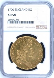 3番目！ 1700年 イギリス ウィリアム3世 5ギニー金貨 NGC AU58