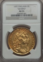 早い者勝ち！ 6番目 1692年 英国 ウィリアム＆メアリー 5ギニー金貨 NGC AU53