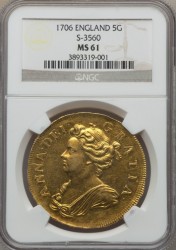 1706年 イギリス アン女王 5ギニー金貨 NGC MS61