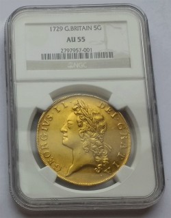 NGCで3番目 1729年 英国 ジョージ2世 5ギニー金貨 NGC AU55