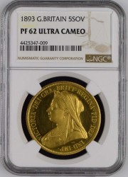 1893年 英国 ヴィクトリア・ベールヘッド 5ポンドプルーフ金貨 NGC PF62 Ultra Cameo