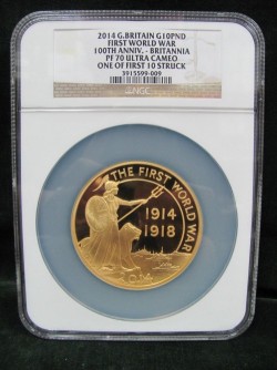 最初の10枚 2014年 英国 第一次世界大戦100周年記念 5オンス金貨 NGC PF70UC