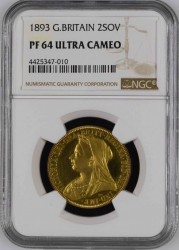 高鑑定 1893年 英国 ヴィクトリア・ベールヘッド 2ポンドプルーフ金貨 NGC PF64 Ultra Cameo