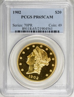 最高鑑定 1902年 米国 $20 ダブルイーグル プルーフ金貨 PCGS PR65 CAMEO