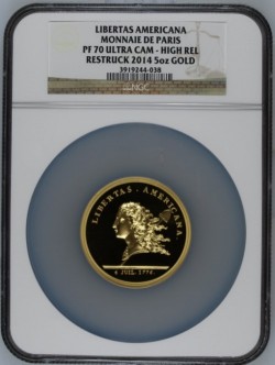 1776年 (2014年リストライク) Libertas Americana 5オンス大型金貨 NGC PF70 Ultra Cameo High Relief