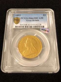 1893年 英国 ヴィクトリア女王 オールドヘッド 2ポンドプルーフ金貨 PCGS PR63DCAM