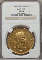 激レア 1668年 英国 チャールズ2世 5ギニー金貨 NGC XF45