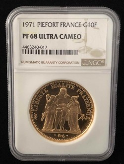 1971年 フランス 10フラン ピエフォー プルーフ金貨 NGC PF68UC