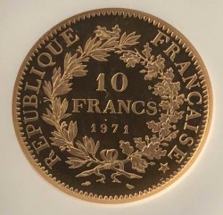 1971年 フランス 10フラン ピエフォー プルーフ金貨 NGC PF68UC