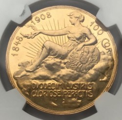 1908年 オーストリア 100コロナプルーフ金貨 雲上の女神 NGC PF61