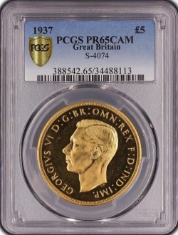 高鑑定レア 1937年 英国 ジョージ6世5ポンド金貨 PCGS PR65 CAMEO