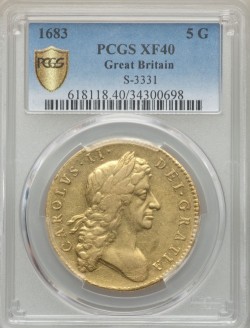 PCGS, NGC合わせ鑑定品わずか5枚 1683年 英国 チャールズ2世 Second Bust 5ギニー金貨 PCGS XF40