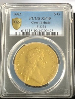 PCGS, NGC合わせ鑑定品わずか5枚 1683年 英国 チャールズ2世 Second Bust 5ギニー金貨 PCGS XF40