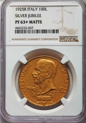 1925年イタリア ヴィットーリオ・エマヌエーレ3世 100リラ NGC PR63+ Matte