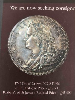 1746年 英国 ジョージ2世 プルーフクラウン銀貨 NGC PF65