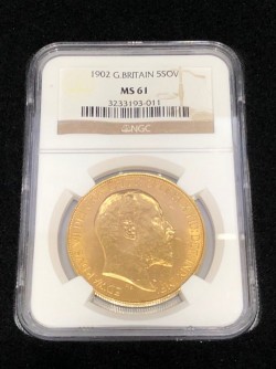 破格でご提供！！ 海外ではAU58が60万円ほど 1902年 英国 エドワード7世 5ポンド金貨 NGC MS61