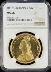 高鑑定のレア品 1887年 英国 ジュビリー5ポンド金貨 NGC MS66