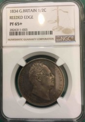 NGC PCGS合わせて単一最高鑑定 1834年 英国 ウィリアム4世プルーフハーフクラウン銀貨 NGC PF65+