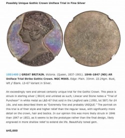 R7 1846-47年 英国 ヴィクトリア女王 ゴチッククラウン銀貨 片面鋳造 （試作貨・試鋳貨）NGC MS65